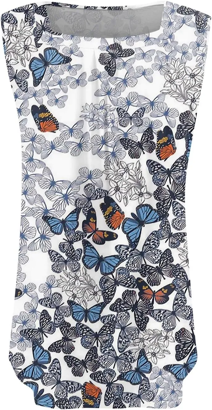 Sleeveless Cute Plus Size Loose Fit Tees 2024 Summer Casual Tank Tops for Women Ruffled Square Neck Printed Shirts