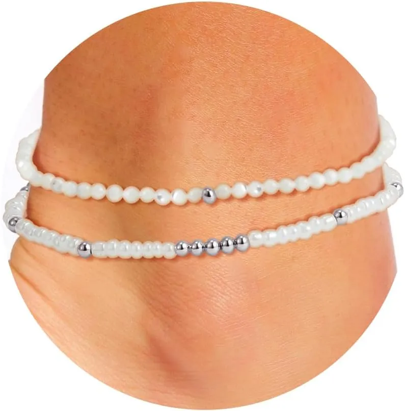 SLOONG Boho Gold Ankle Bracelets for Women, Waterproof Beach Layered Pearl Beaded Turquoise Anklets Set Handmade Jewelry Gift