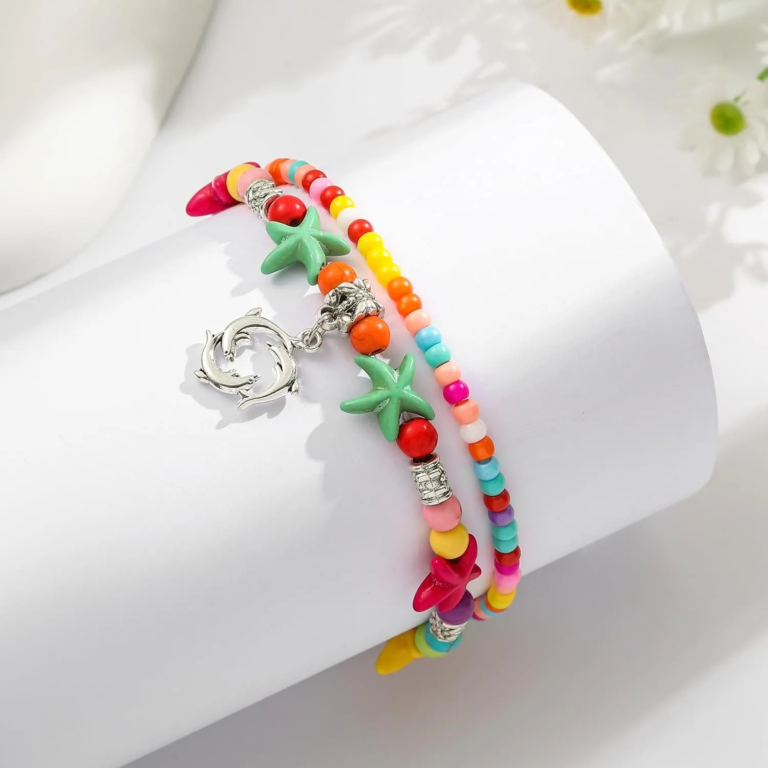 Starain Super Cute Beaded Anklets for Women Handmade Beach Boho Beaded Anklet Layered Bead Turtle Ankle Bracelet 8 inch