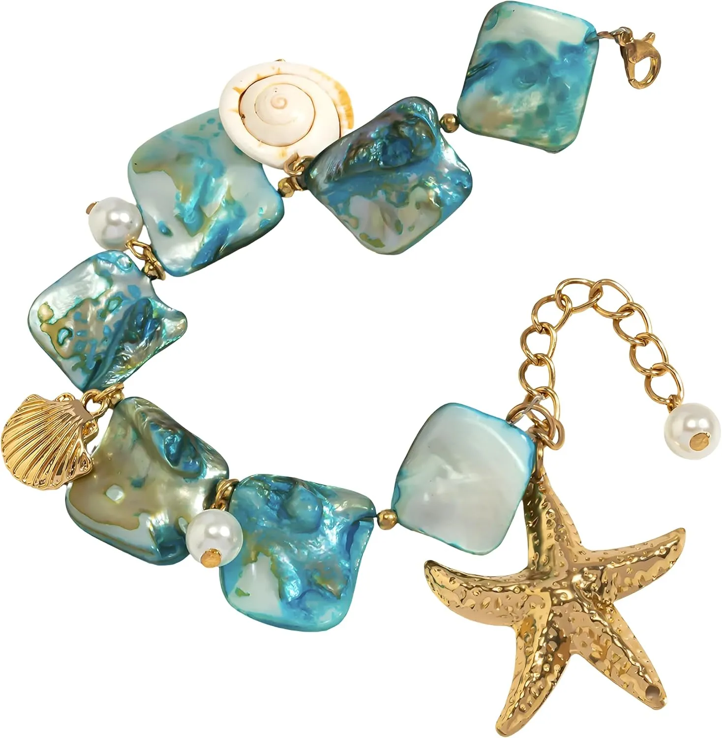 Starfish Pendant Bracelet for Women  Boho Ocean Themed Jewelry with Sea Shell and Imitation Pearl Charms, Handmade Adjustable Weaving Style, Summer Jewelry for Women 2025, Turquoise Blue Accessory