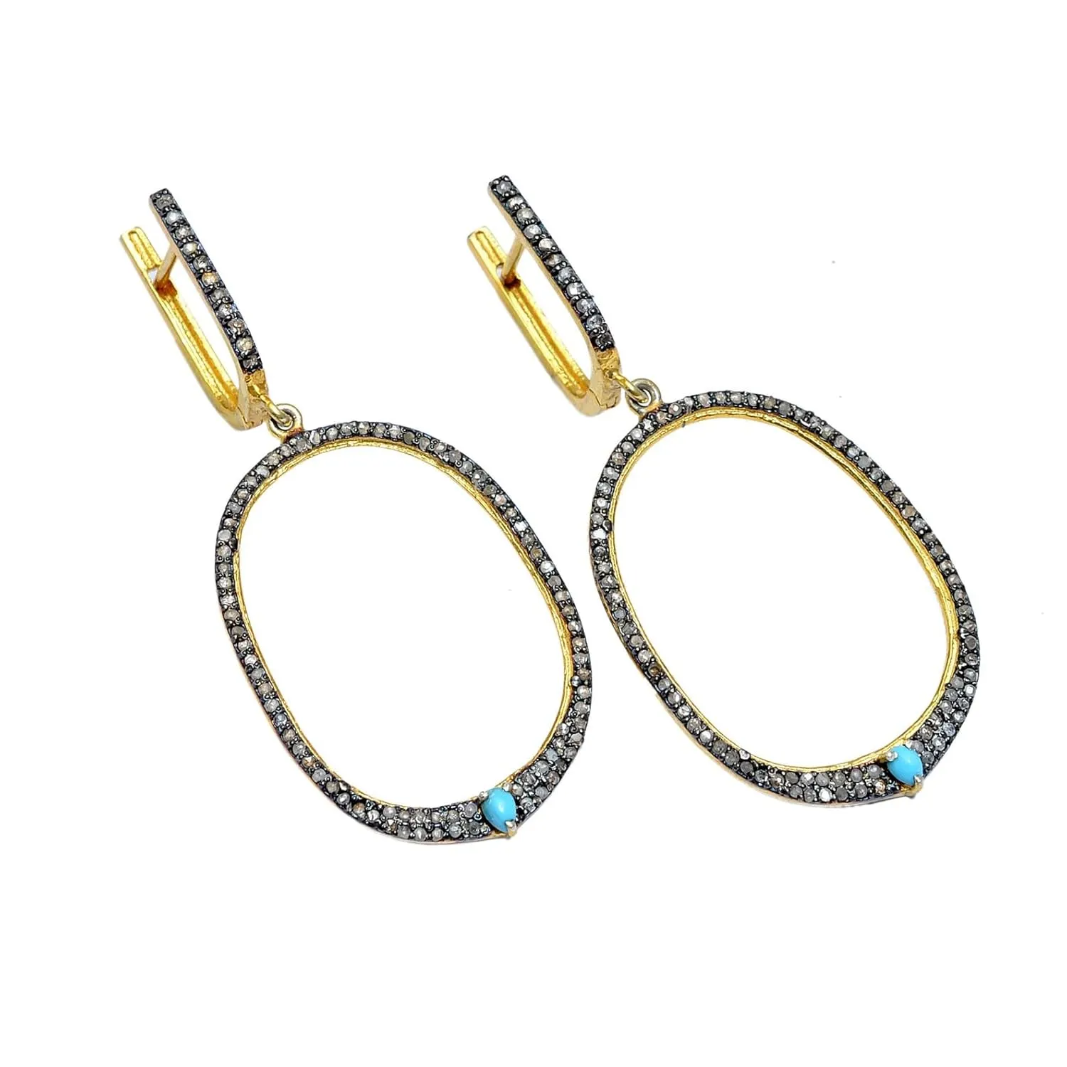 Sterling Silver Turquoise Drop Earrings for Women, Pave Diamond Dangle Earrings, Minimalist Birthstone Jewelry, Handmade Antique Gold-Plated Gift for Wife
