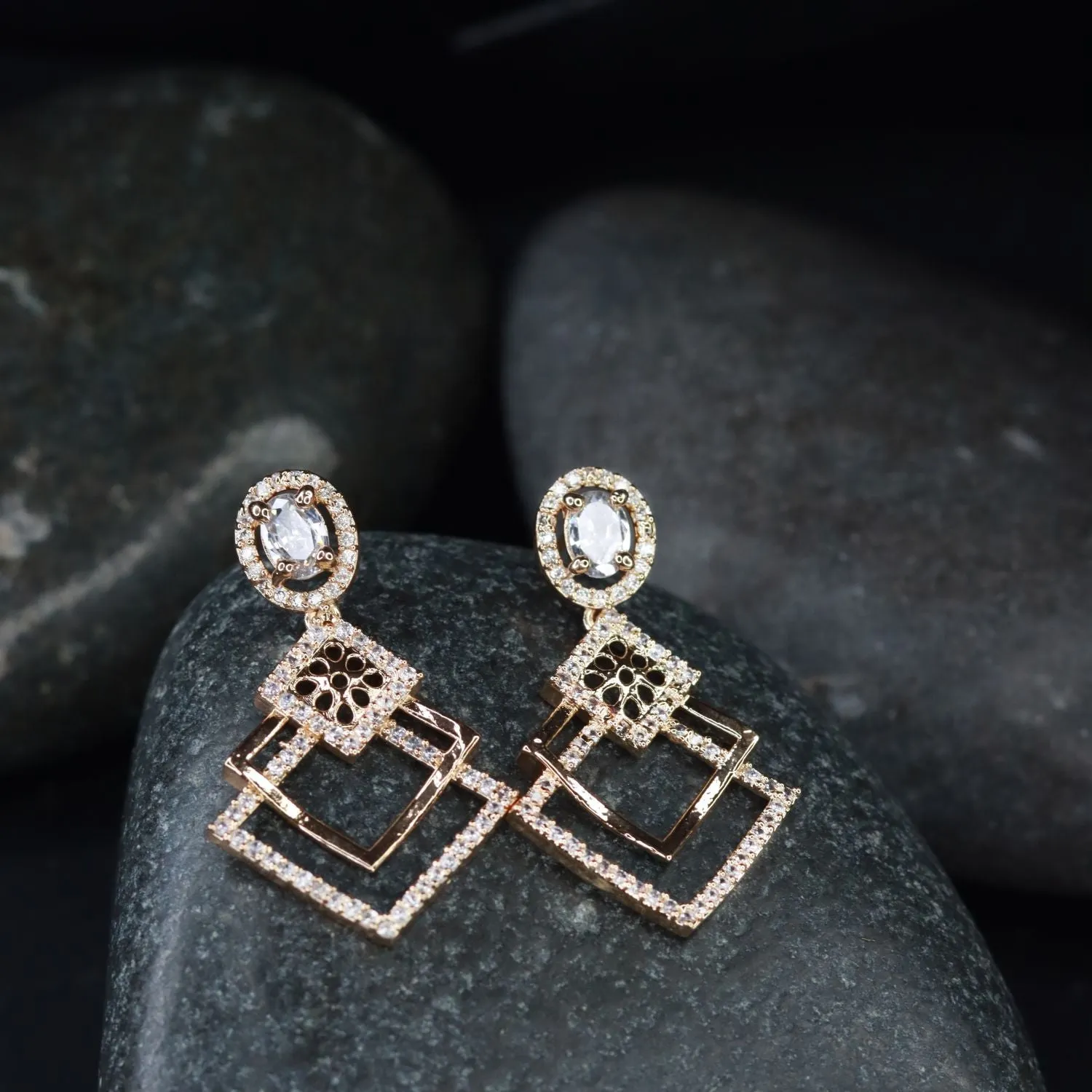 Stylish Latest Fashion Rose Gold Plated & White AD Studded Drop Earrings for Women