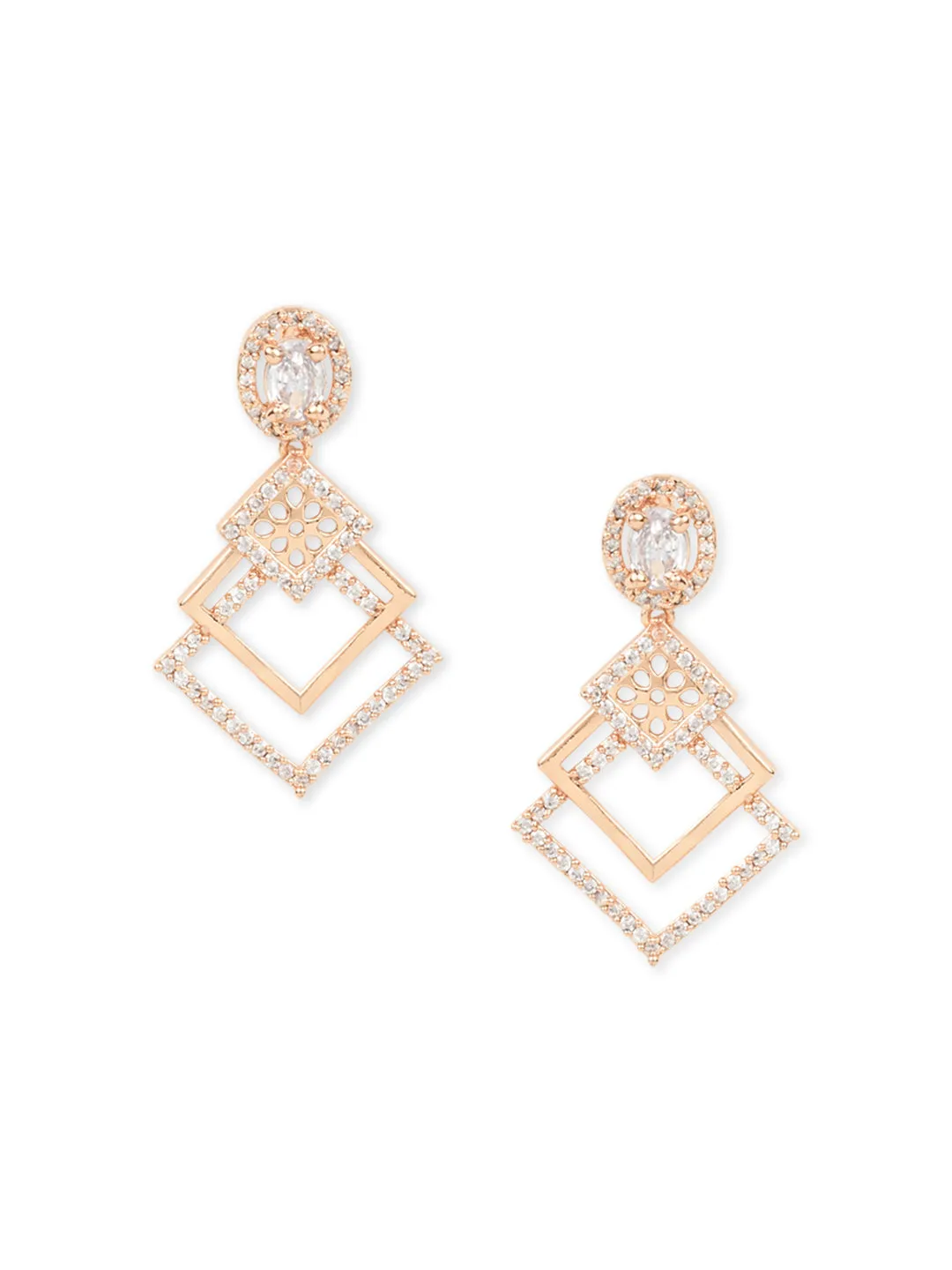 Stylish Latest Fashion Rose Gold Plated & White AD Studded Drop Earrings for Women