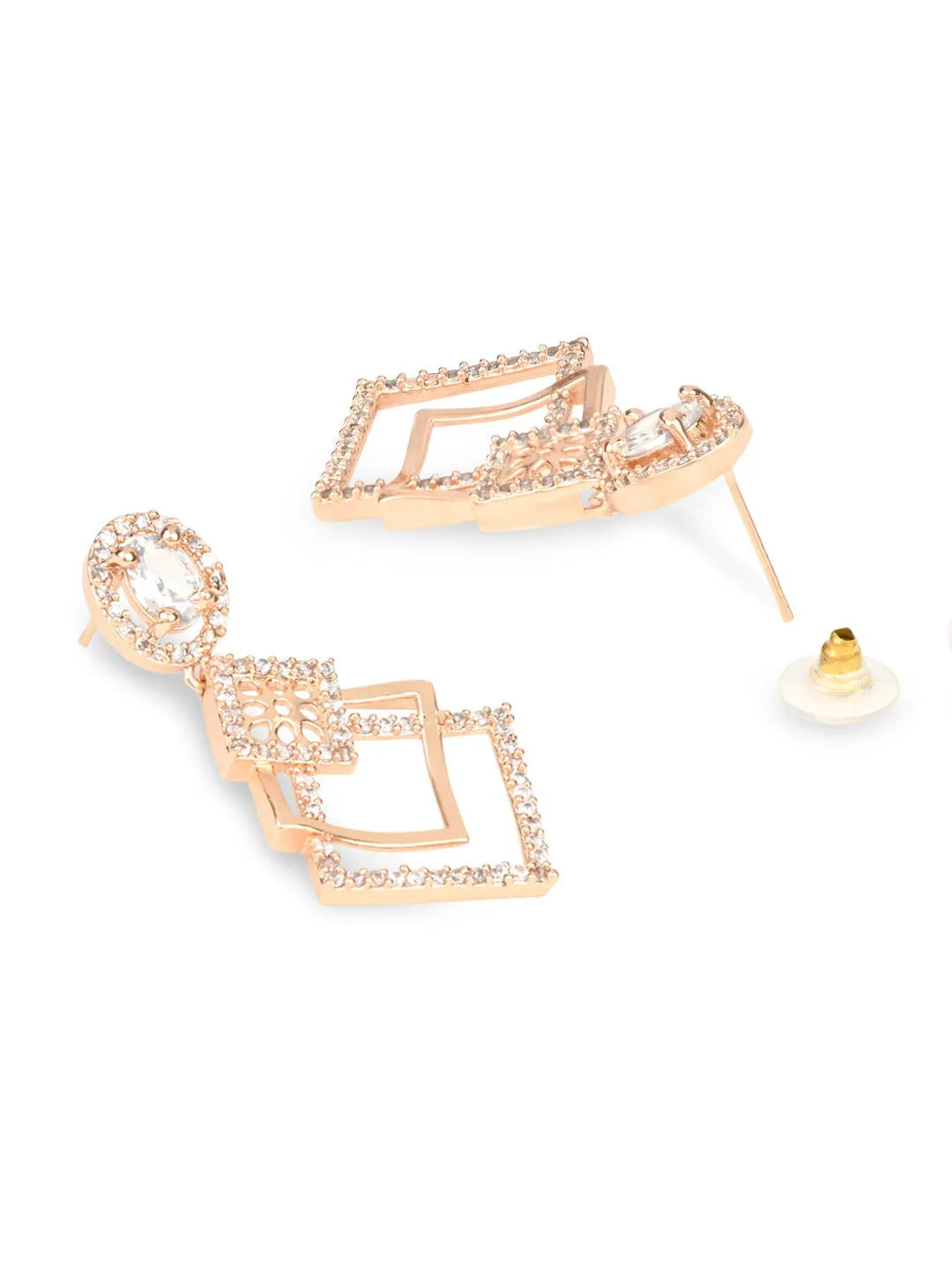 Stylish Latest Fashion Rose Gold Plated & White AD Studded Drop Earrings for Women