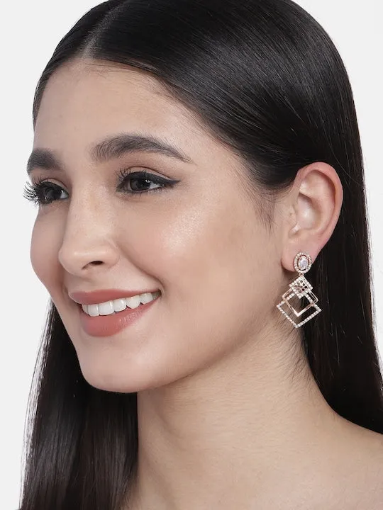 Stylish Latest Fashion Rose Gold Plated & White AD Studded Drop Earrings for Women