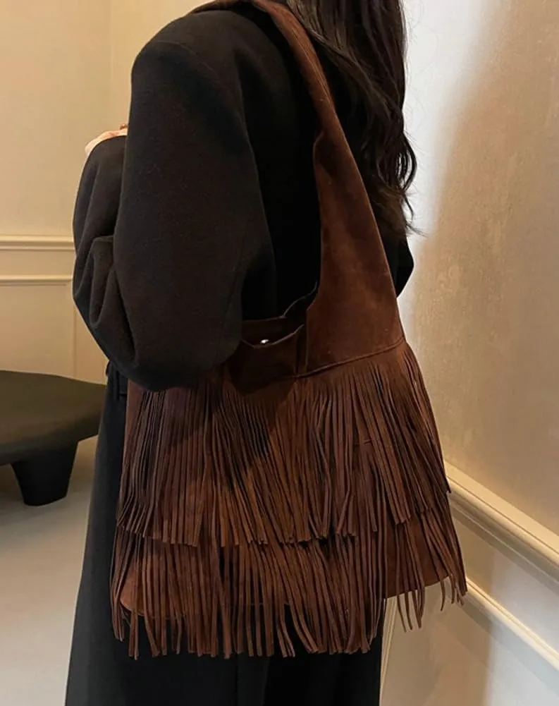 Suede Fringed Shoulder Bag for Women Vintage Tassel Tote Bag Slouchy Bucket Top Handle Handbag Purse Work Satchel