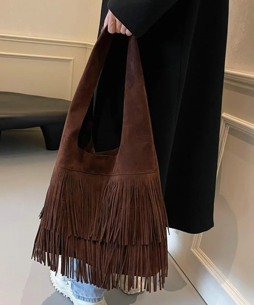 Suede Fringed Shoulder Bag for Women Vintage Tassel Tote Bag Slouchy Bucket Top Handle Handbag Purse Work Satchel