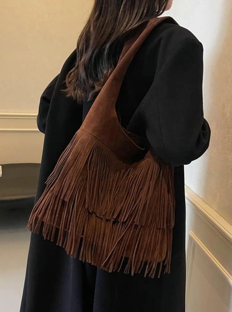 Suede Fringed Shoulder Bag for Women Vintage Tassel Tote Bag Slouchy Bucket Top Handle Handbag Purse Work Satchel