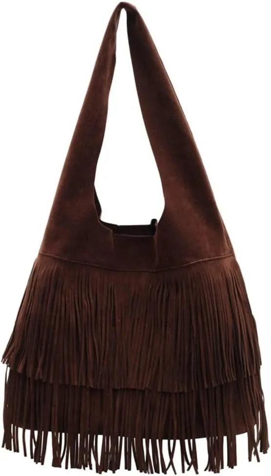 Suede Fringed Shoulder Bag for Women Vintage Tassel Tote Bag Slouchy Bucket Top Handle Handbag Purse Work Satchel