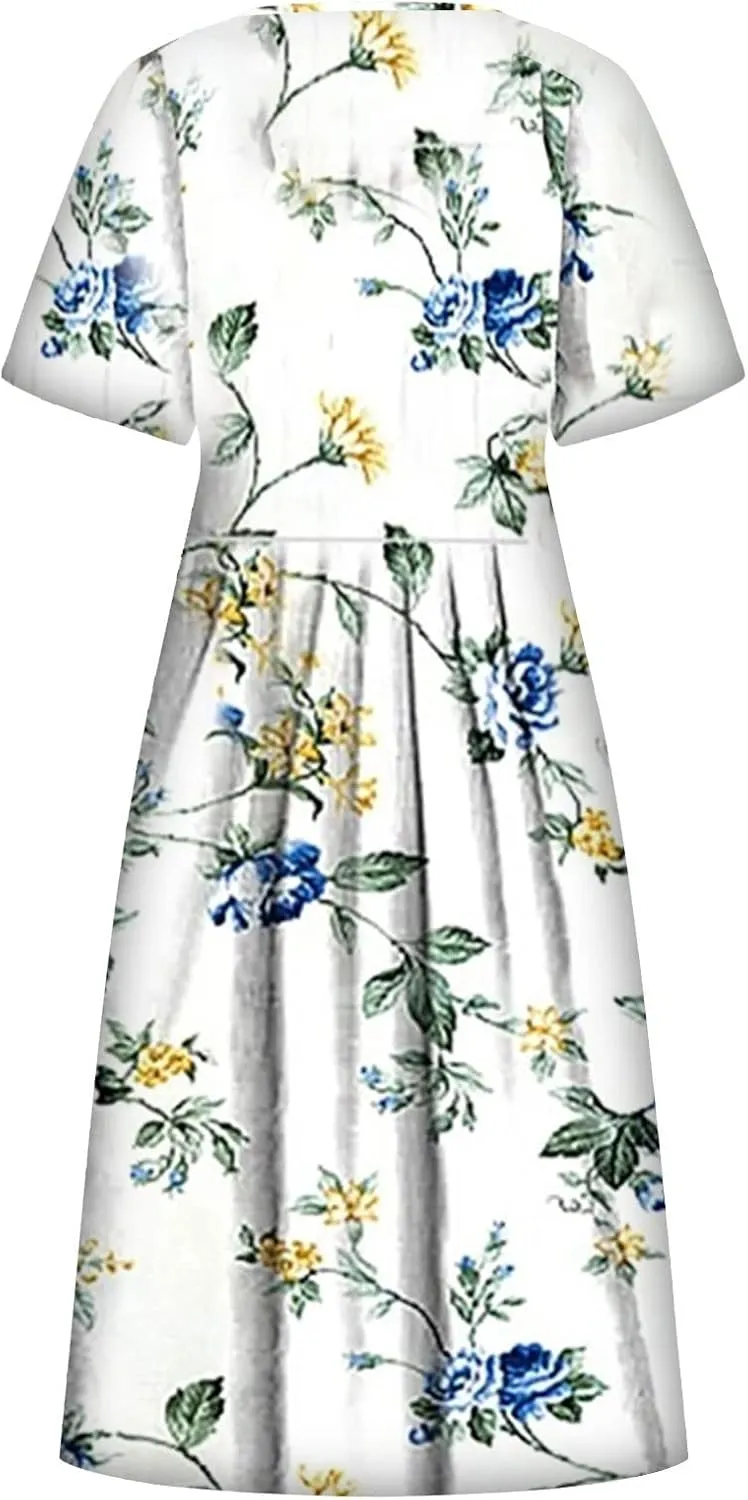 Summer Dresses for Women 2025 Below The Knee Short Sleeve Cover Up Crewneck Print Swing Beach Dress 2025 Boho Tshirt Dress