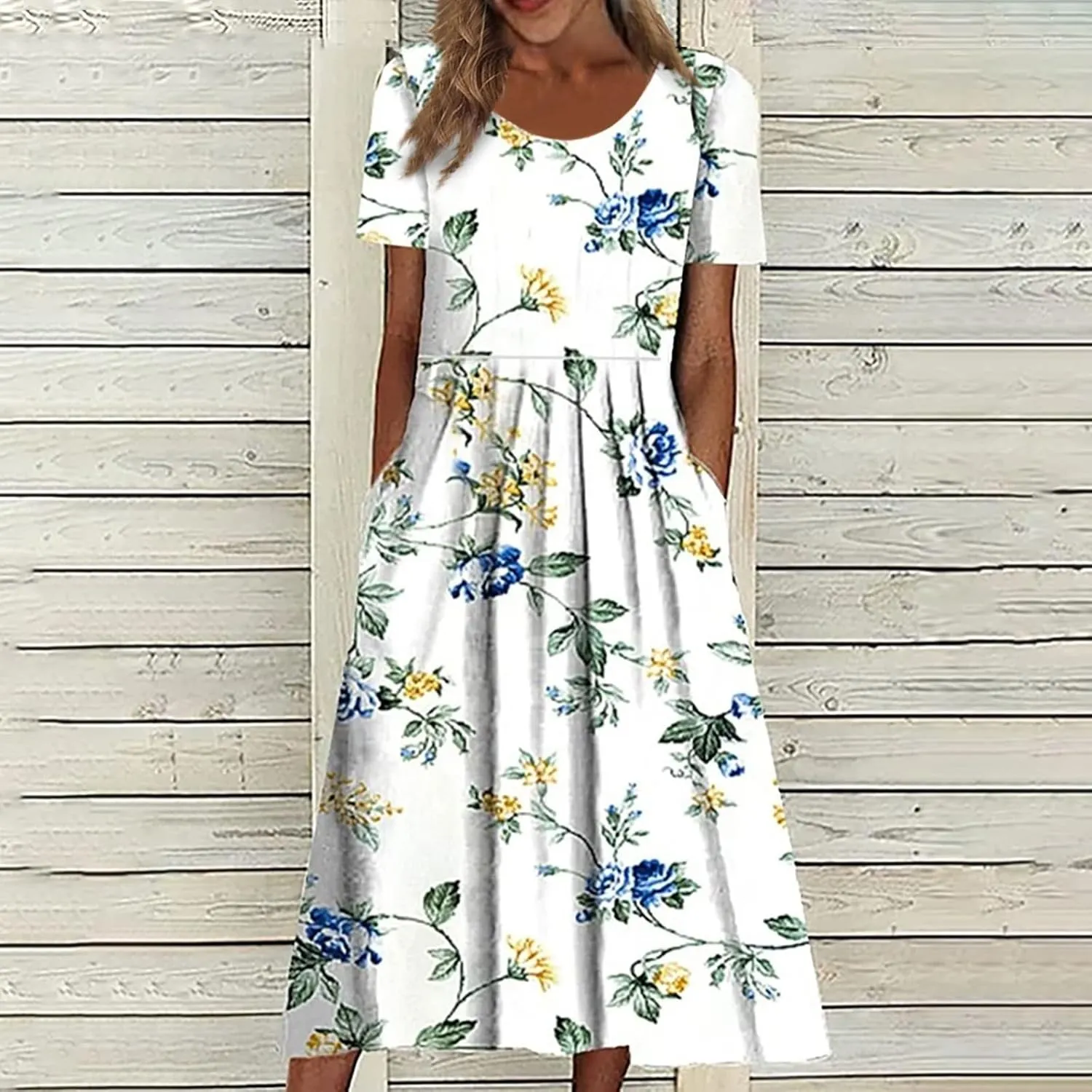 Summer Dresses for Women 2025 Below The Knee Short Sleeve Cover Up Crewneck Print Swing Beach Dress 2025 Boho Tshirt Dress