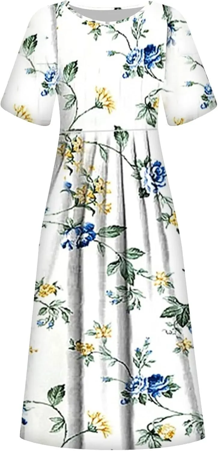 Summer Dresses for Women 2025 Below The Knee Short Sleeve Cover Up Crewneck Print Swing Beach Dress 2025 Boho Tshirt Dress