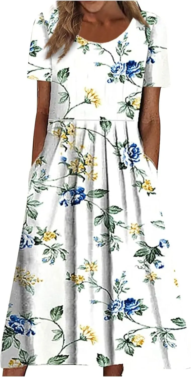 Summer Dresses for Women 2025 Below The Knee Short Sleeve Cover Up Crewneck Print Swing Beach Dress 2025 Boho Tshirt Dress