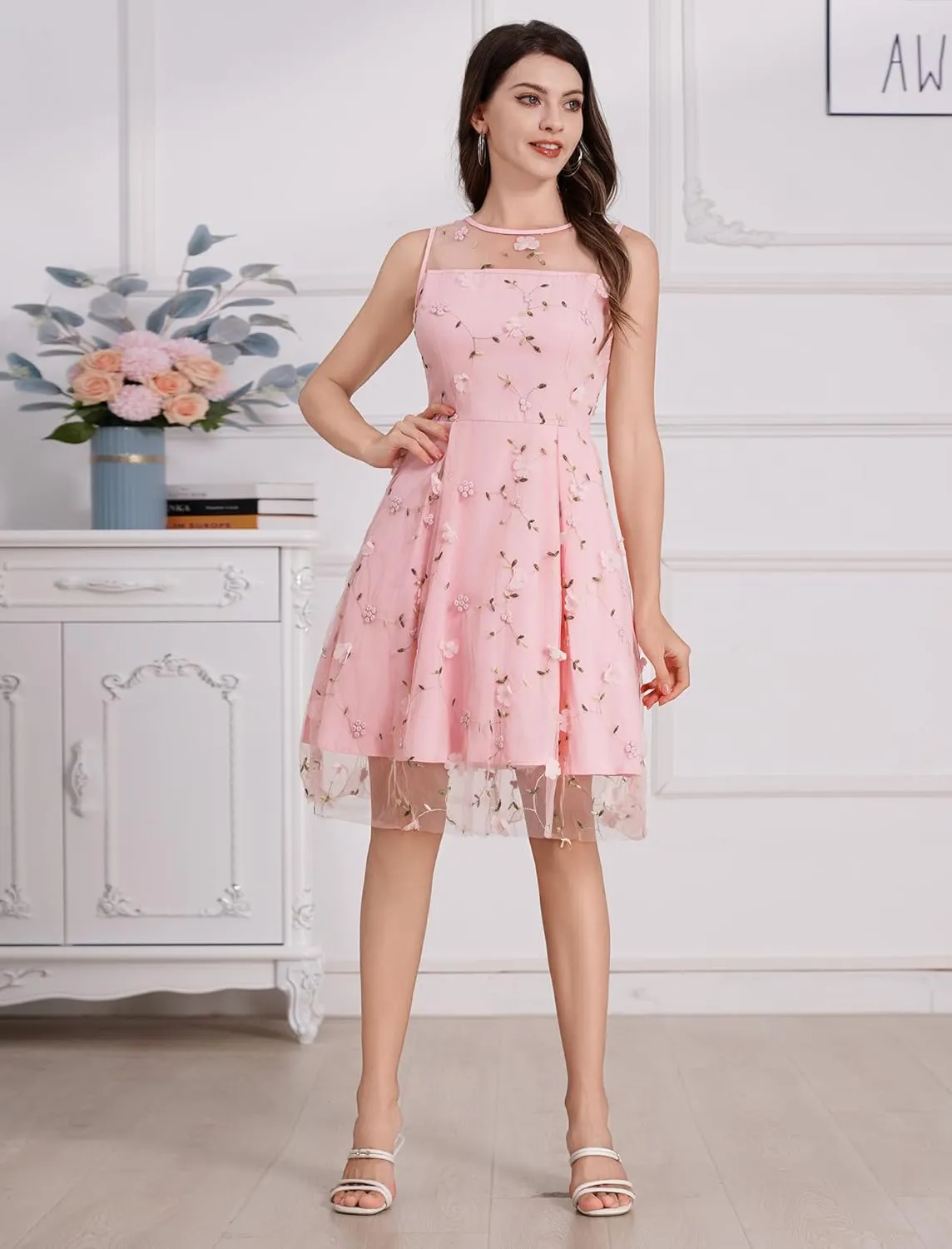 Summer Floral Embroidery Tulle Dress for Women Floral Embroidered Dress for Women Wedding Guest Formal Evening Party Gown