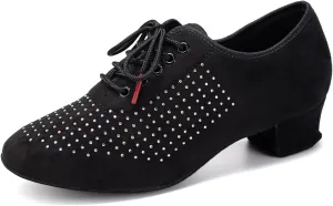 SWDZM Ballroom Dance Practice Shoes Women Rhinestone Closed Toe Latin Salsa Modern Lace up Practice Dance Shoes,Model LHD601