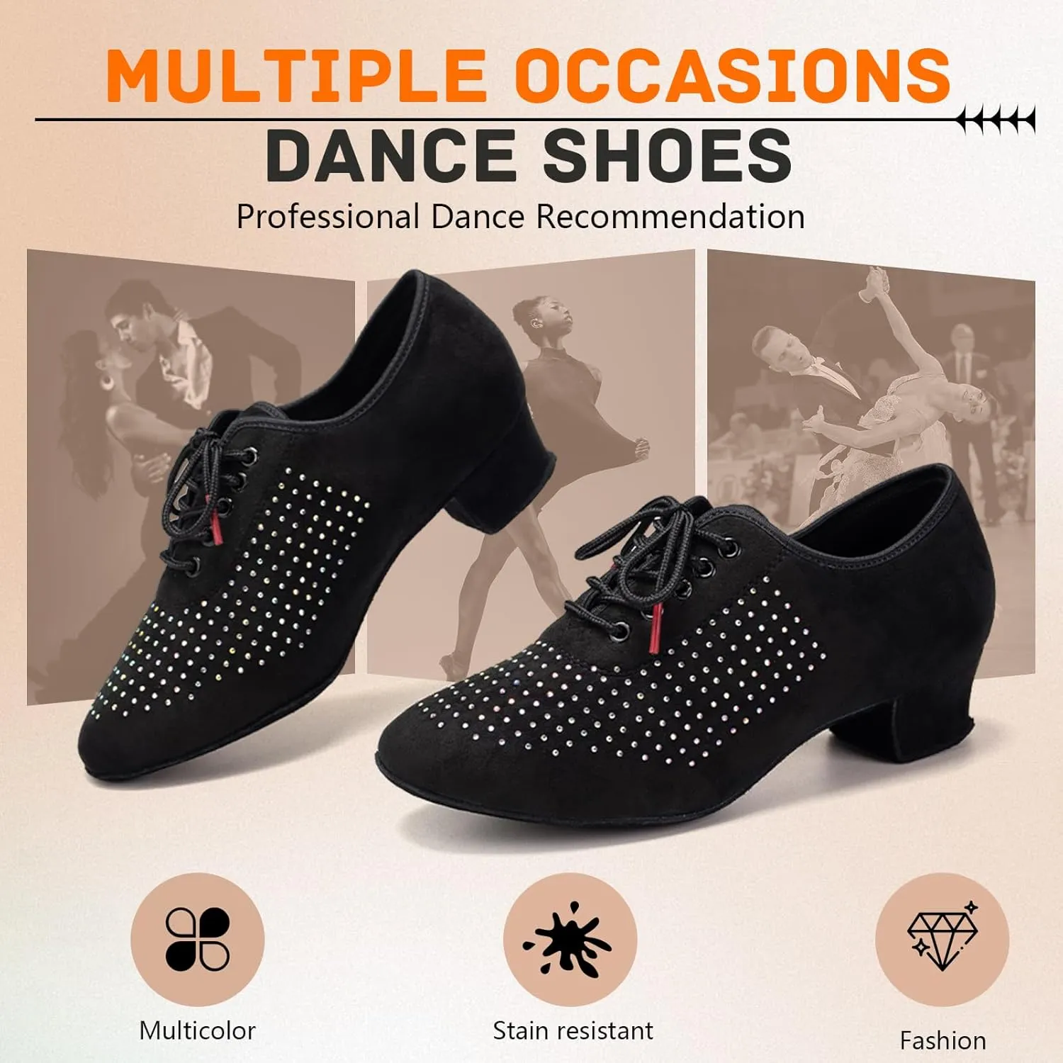 SWDZM Ballroom Dance Practice Shoes Women Rhinestone Closed Toe Latin Salsa Modern Lace up Practice Dance Shoes,Model LHD601
