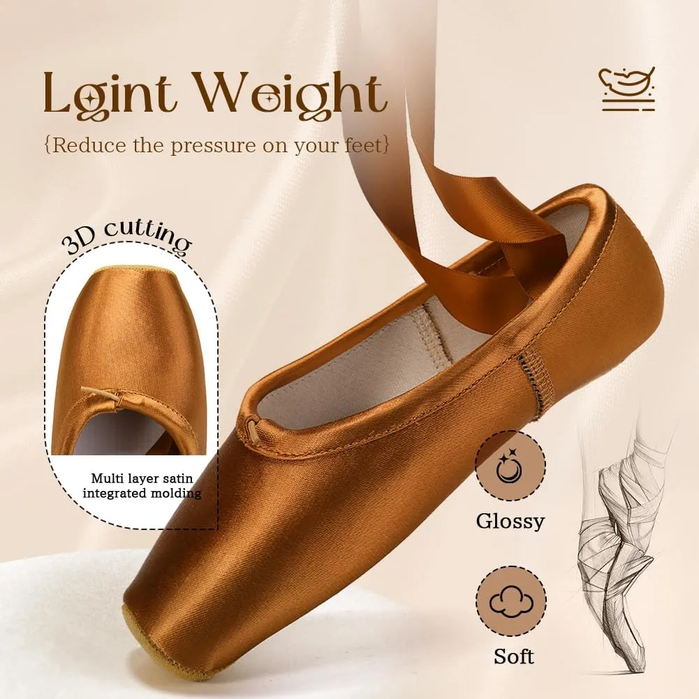 SWDZM Professional Ballet Pointe Shoes Satin for Women Leather Sole Ballet Pointe Dance Shoes with Toe Pads