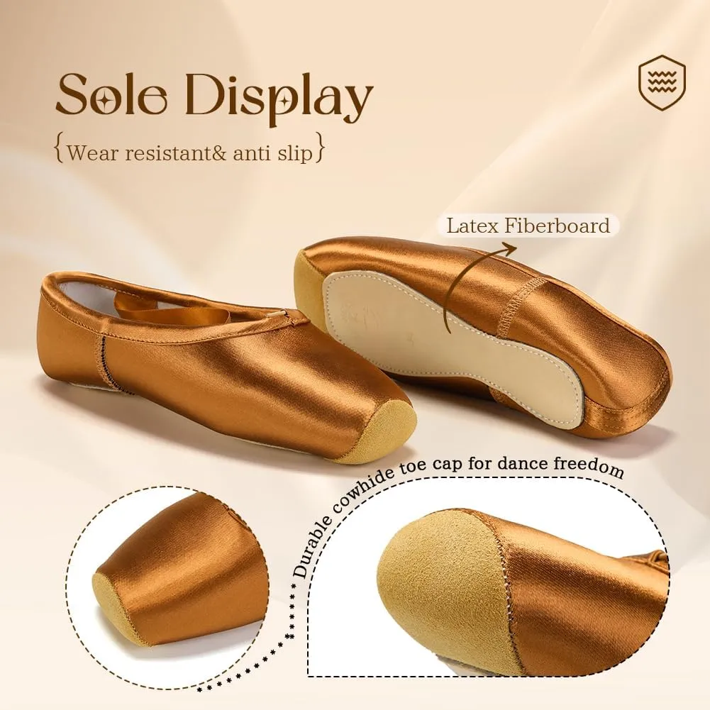 SWDZM Professional Ballet Pointe Shoes Satin for Women Leather Sole Ballet Pointe Dance Shoes with Toe Pads