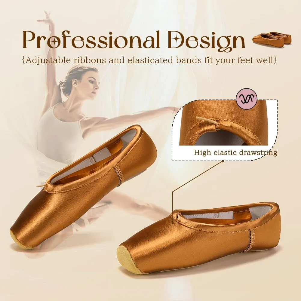 SWDZM Professional Ballet Pointe Shoes Satin for Women Leather Sole Ballet Pointe Dance Shoes with Toe Pads