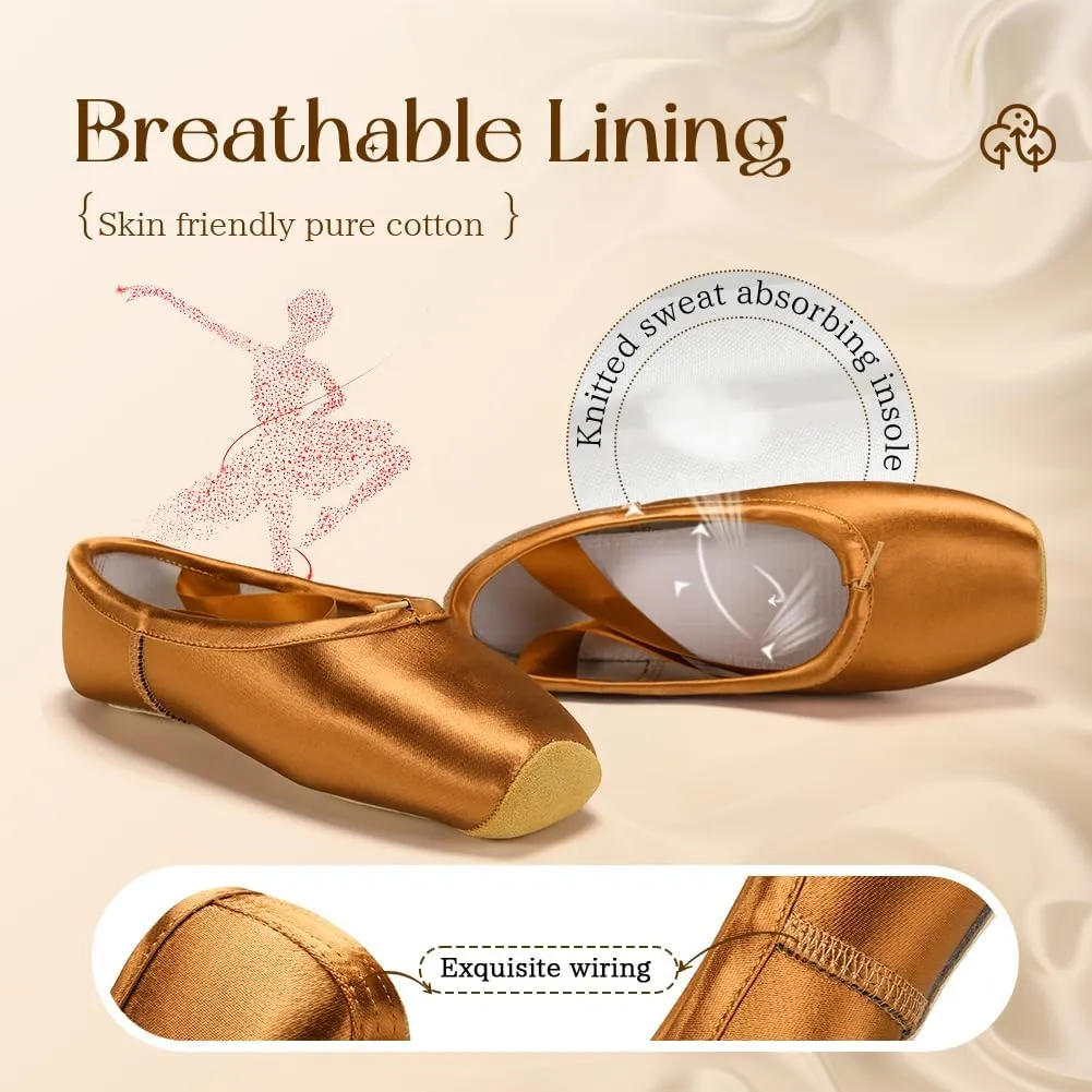 SWDZM Professional Ballet Pointe Shoes Satin for Women Leather Sole Ballet Pointe Dance Shoes with Toe Pads