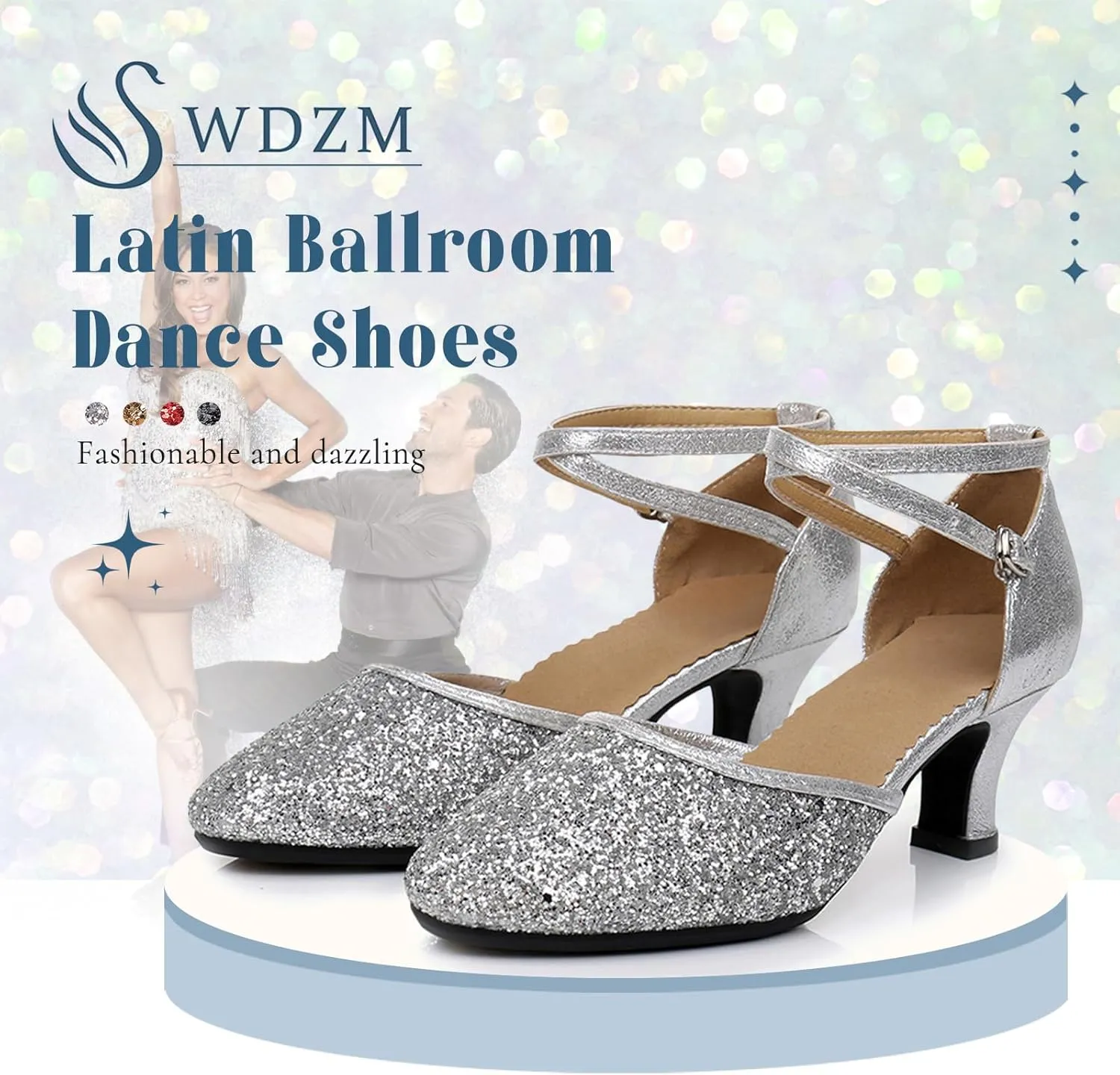 SWDZM Womens Glitter Ballroom Dance Shoes Latin Salsa Tango Dancing Heels Closed Toe Party Performance Wedding Shoes