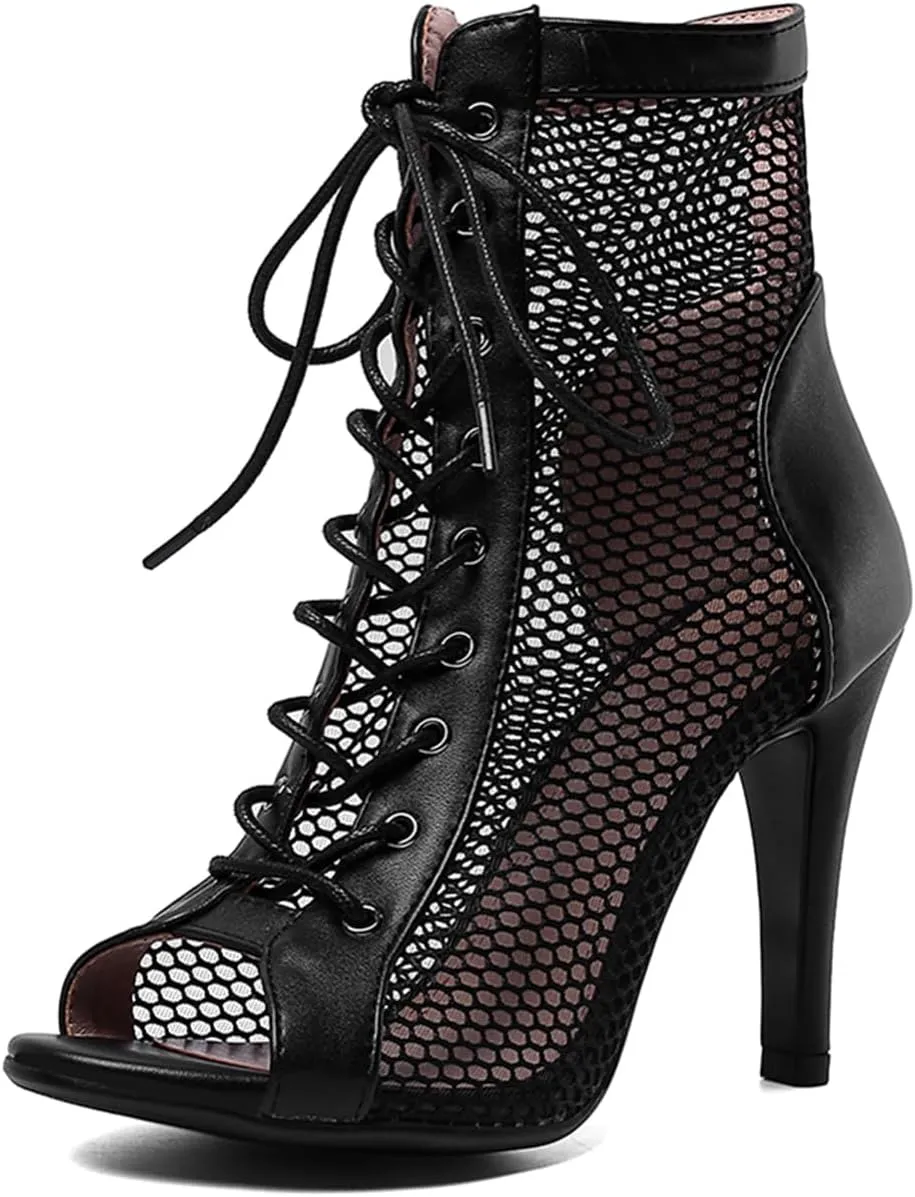 SWDZM Womens Open Toe Latin Dance Boots Salsa Tango Performance Practice Ballroom Lace-up Ankle Dance Shoes,Model DS970