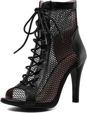 SWDZM Womens Open Toe Latin Dance Boots Salsa Tango Performance Practice Ballroom Lace-up Ankle Dance Shoes,Model DS970