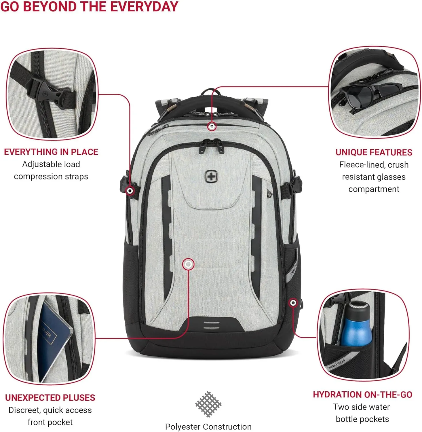 SwissGear Travel Tech Pro Laptop Backpack  Fits Laptops up to 16  ScanSmart TSA-Friendly Backpack with Multiple Organizer Pockets  Grey Heather