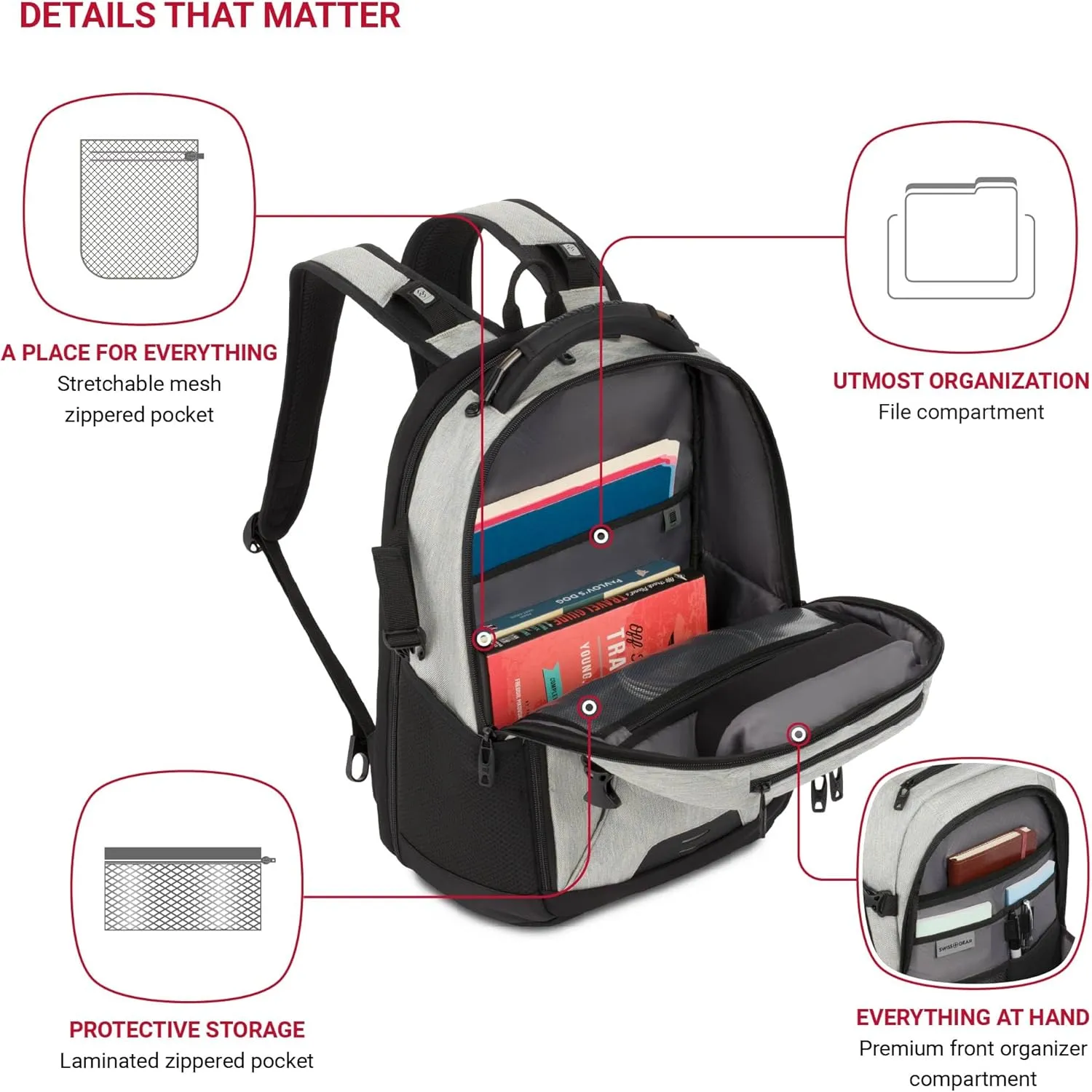 SwissGear Travel Tech Pro Laptop Backpack  Fits Laptops up to 16  ScanSmart TSA-Friendly Backpack with Multiple Organizer Pockets  Grey Heather