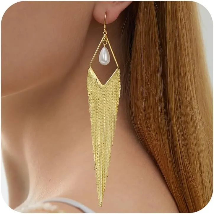 Tassel Earrings Long Tassel Dangle Drop Earrings for Woman Turquoise Earrings Pearl Drop Earrings Silver/Gold Drop Dangle Earrings Boho Western Turquoise Jewelry Statement Earrings Hypoallergenic for Valentines Day Prom Party