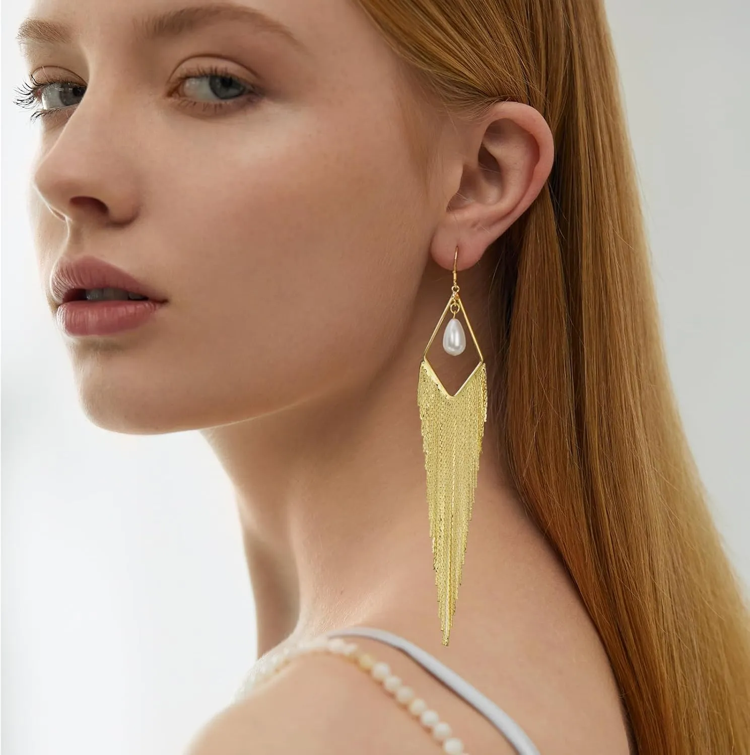 Tassel Earrings Long Tassel Dangle Drop Earrings for Woman Turquoise Earrings Pearl Drop Earrings Silver/Gold Drop Dangle Earrings Boho Western Turquoise Jewelry Statement Earrings Hypoallergenic for Valentines Day Prom Party