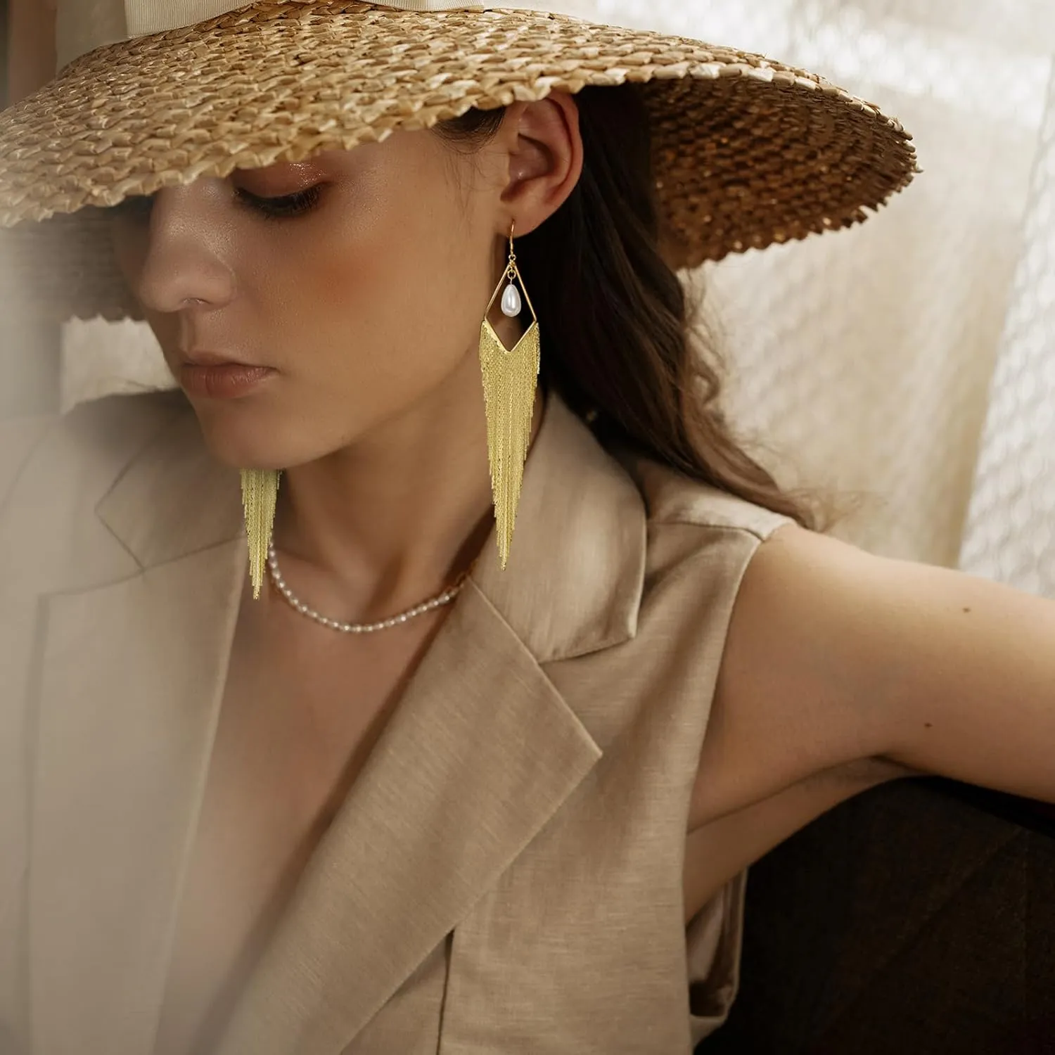 Tassel Earrings Long Tassel Dangle Drop Earrings for Woman Turquoise Earrings Pearl Drop Earrings Silver/Gold Drop Dangle Earrings Boho Western Turquoise Jewelry Statement Earrings Hypoallergenic for Valentines Day Prom Party