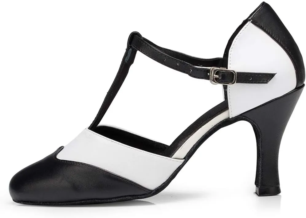 TDA Women's Closed Toe T-strap Comfort Leather Social Salsa Tango Latin Modern Dance Wedding Shoes