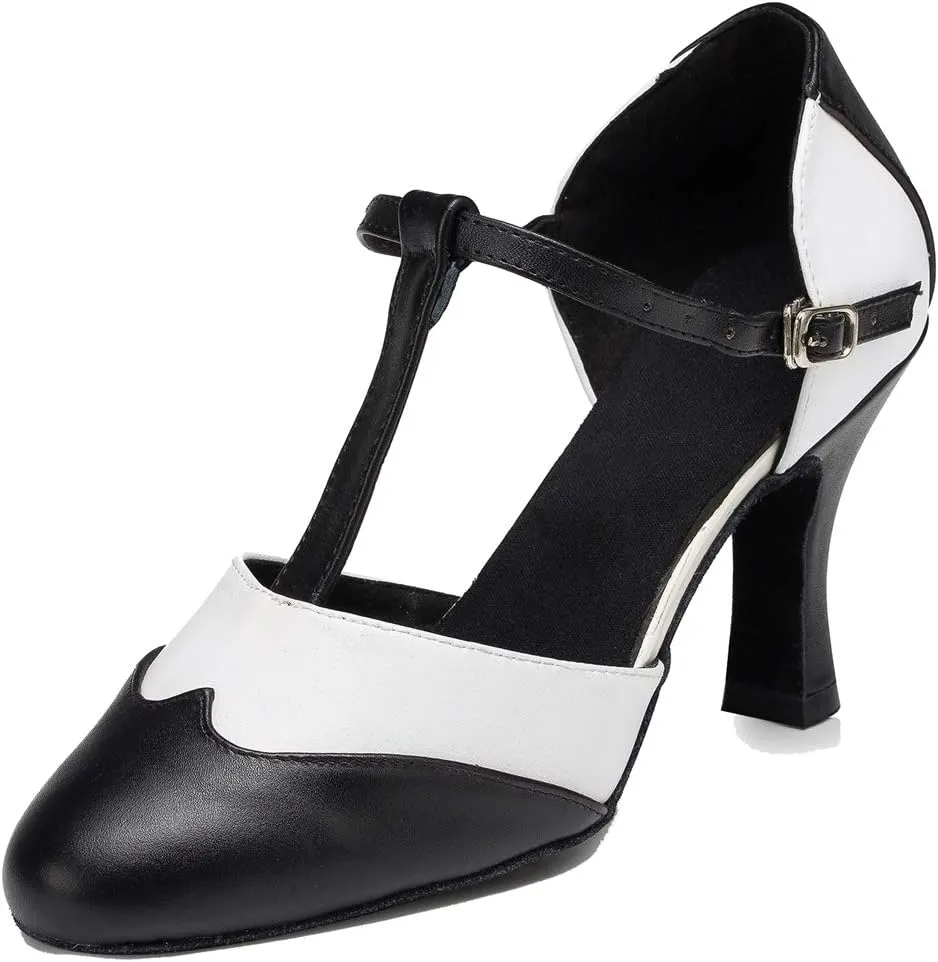 TDA Women's Closed Toe T-strap Comfort Leather Social Salsa Tango Latin Modern Dance Wedding Shoes