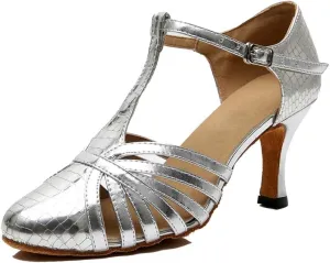 TDA Women's Fashion Comfort T-Strap Closed Toe Silver Print Snakeskin Synthetic Salsa Tango Ballroom Latin Modern Dance Wedding Shoes 9.5 M US