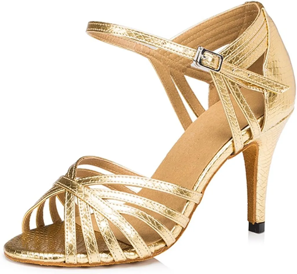 TDA Women's Fashion Single Strap High Heel 8.5cm Heel Gold Latin Salsa Ballroom Dance Shoes 5 M US