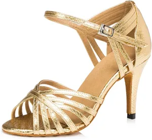 TDA Women's Fashion Single Strap High Heel 8.5cm Heel Gold Latin Salsa Ballroom Dance Shoes 5 M US