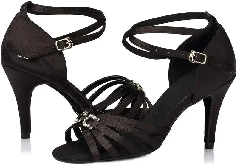 TDA Women's Peep Toe Cut-out Buckle Satin Stiletto Heel Social Tango Latin Modern Dance Wedding Shoes
