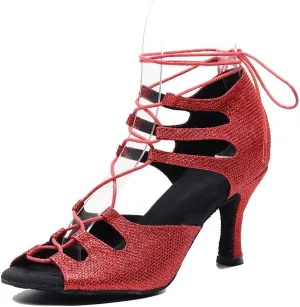 TDA Women's Sexy Lace-up Peep Toe Glitter Red Synthetic Salsa Tango Ballroom Latin Dance Shoes 9.5 M US