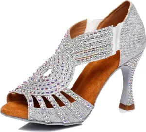 TDA Womens Slip-on Flaced Heel Silver Glitter Synthetic Crystals Latin Modern Salsa Tango Ballroom Wedding Dance Shoes 6 M US