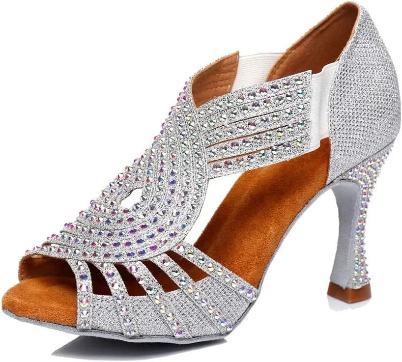 TDA Womens Slip-on Flaced Heel Silver Glitter Synthetic Crystals Latin Modern Salsa Tango Ballroom Wedding Dance Shoes 6 M US