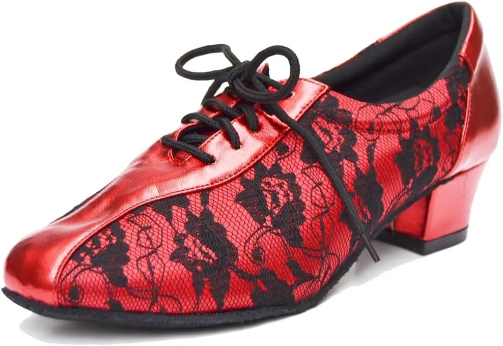 TDA Women's SM1896 Comfort Chunky Heel Lace Leather Salsa Tango Ballroom Latin Modern Dance Shoes