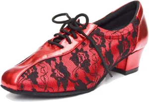 TDA Women's SM1896 Comfort Chunky Heel Lace Leather Salsa Tango Ballroom Latin Modern Dance Shoes