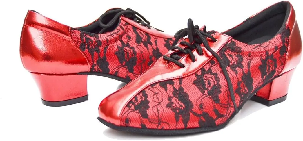 TDA Women's SM1896 Comfort Chunky Heel Lace Leather Salsa Tango Ballroom Latin Modern Dance Shoes
