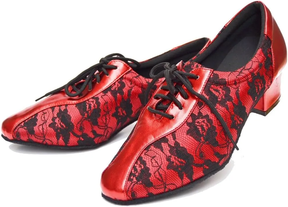 TDA Women's SM1896 Comfort Chunky Heel Lace Leather Salsa Tango Ballroom Latin Modern Dance Shoes