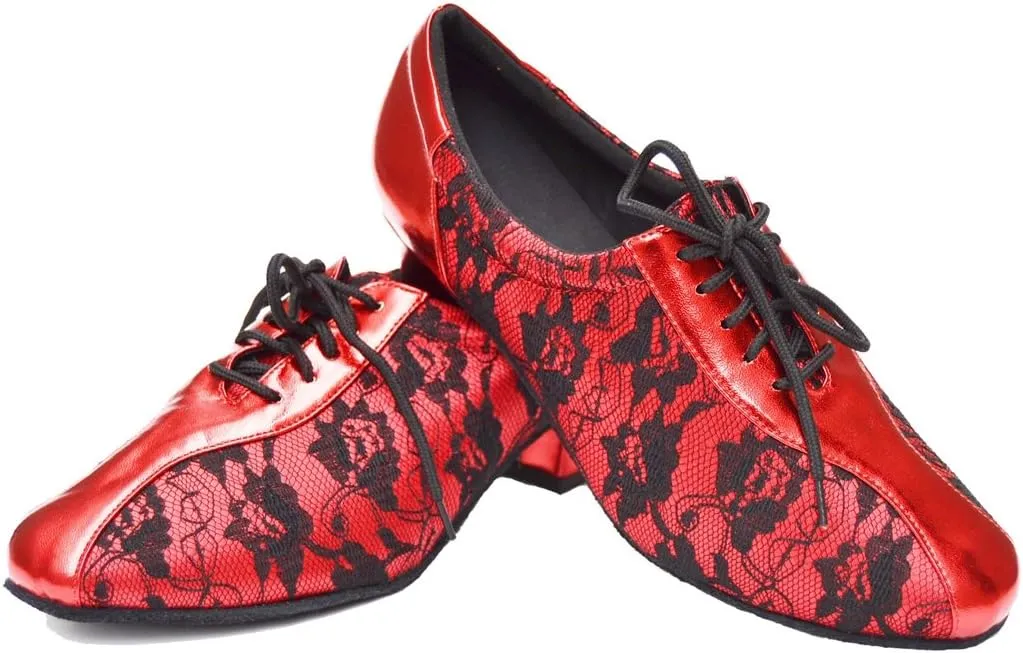 TDA Women's SM1896 Comfort Chunky Heel Lace Leather Salsa Tango Ballroom Latin Modern Dance Shoes