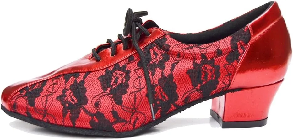 TDA Women's SM1896 Comfort Chunky Heel Lace Leather Salsa Tango Ballroom Latin Modern Dance Shoes