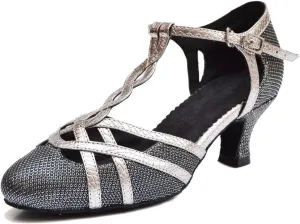 TDA Women's T-Strap Glitter Synthetic Salsa Tango Ballroom Latin Party Dance Shoes 7.5 Black-5cm Heel