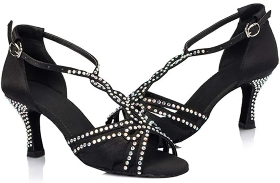 TDA Womens T-strap Peep Toe High Heels Crystals Satin Latin Modern Salsa Tango Ballroom Wedding Dance Shoes