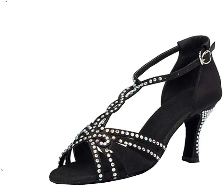 TDA Womens T-strap Peep Toe High Heels Crystals Satin Latin Modern Salsa Tango Ballroom Wedding Dance Shoes